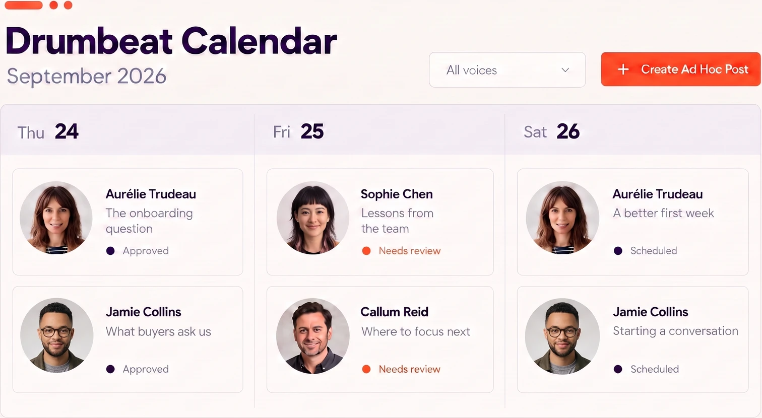 The team calendar: three days of posts from four people, approved, in review and scheduled.