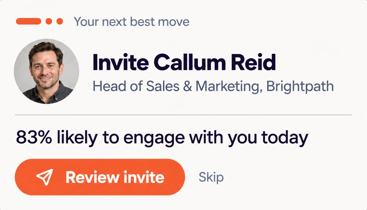 Your next best action, one at a time: invite Callum Reid, 83% likely to engage with you today; approve your post, as your audience is most active before 10; reply to Megan Osei, who asked where you would start.