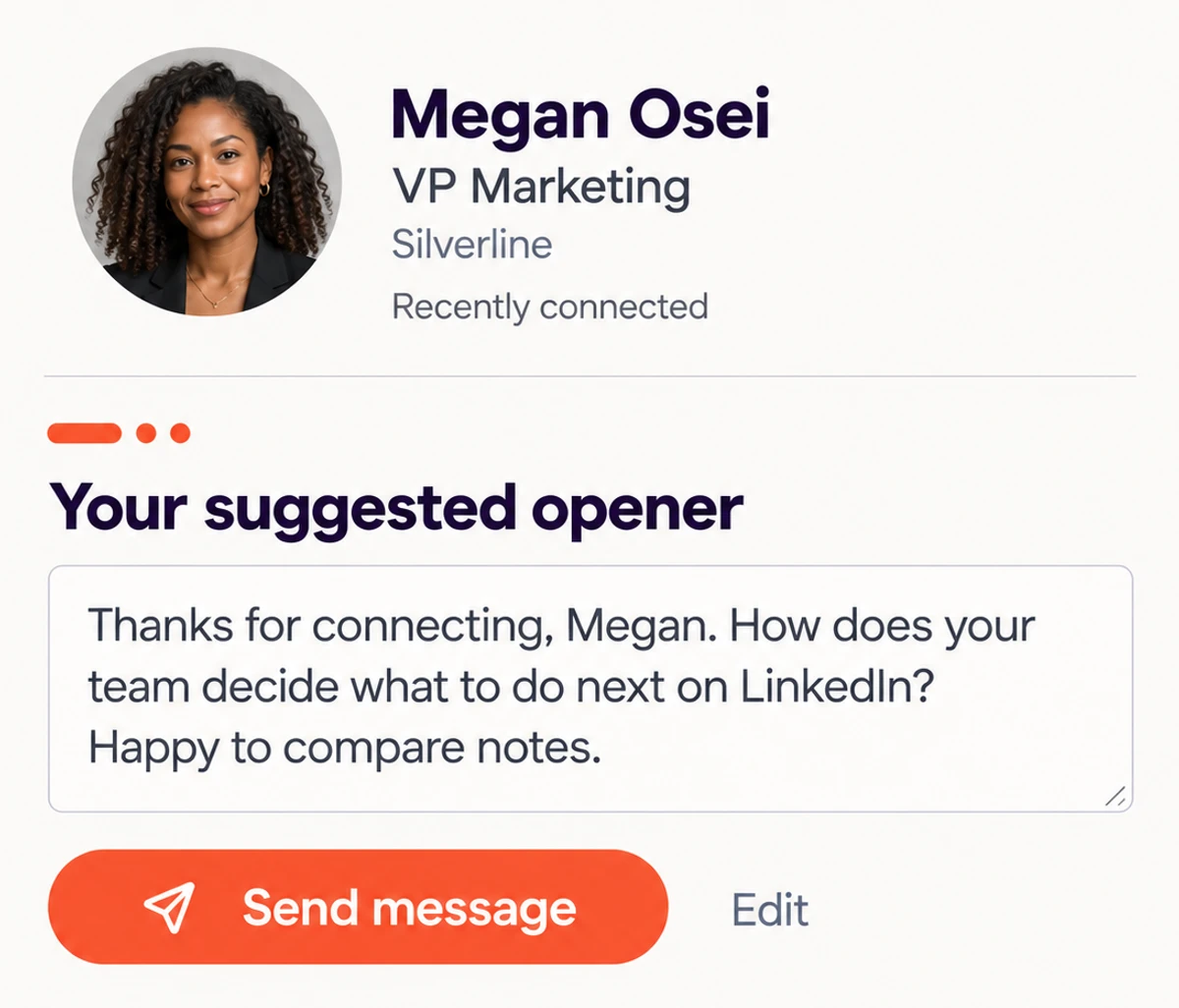 A conversation: the suggested opener for Megan Osei, a live thread with Freya Almeida, then the wrap-up.