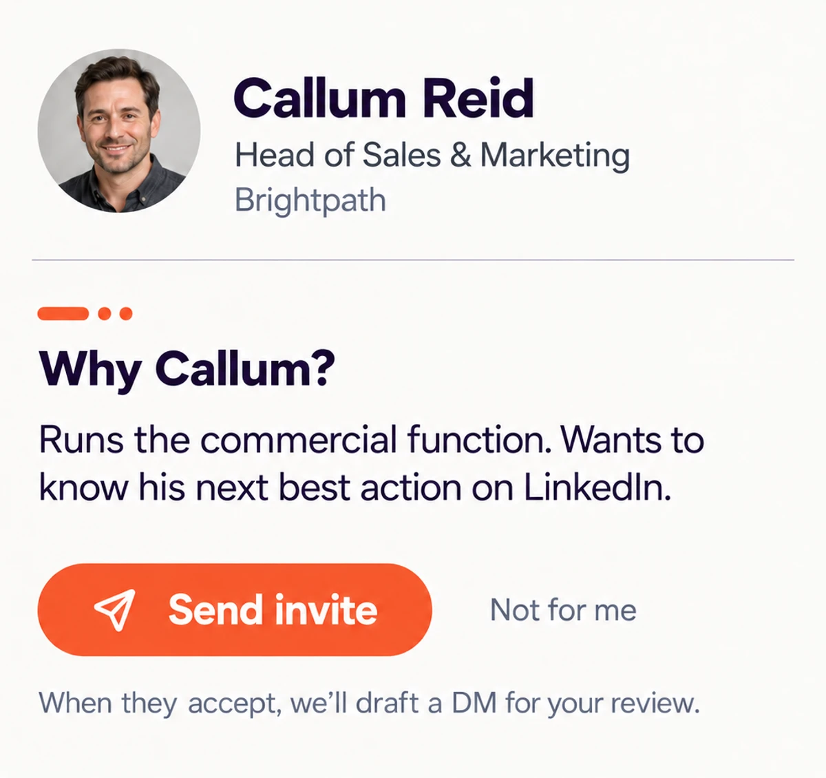 A Radar pick: Callum Reid and why him, then an invite note, then the invite sent and waiting on him.