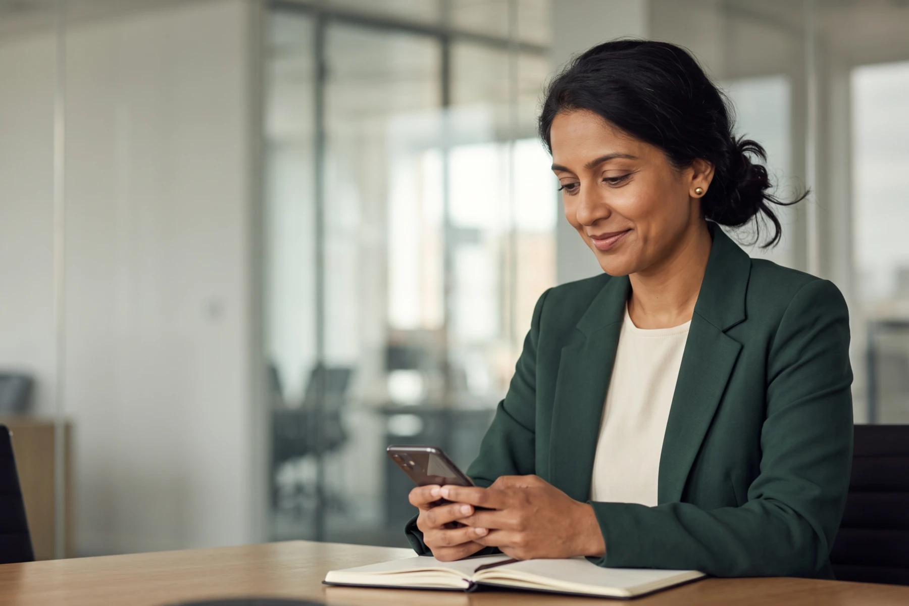 Maya Patel, a partner at a consultancy, reading her phone at a meeting table.