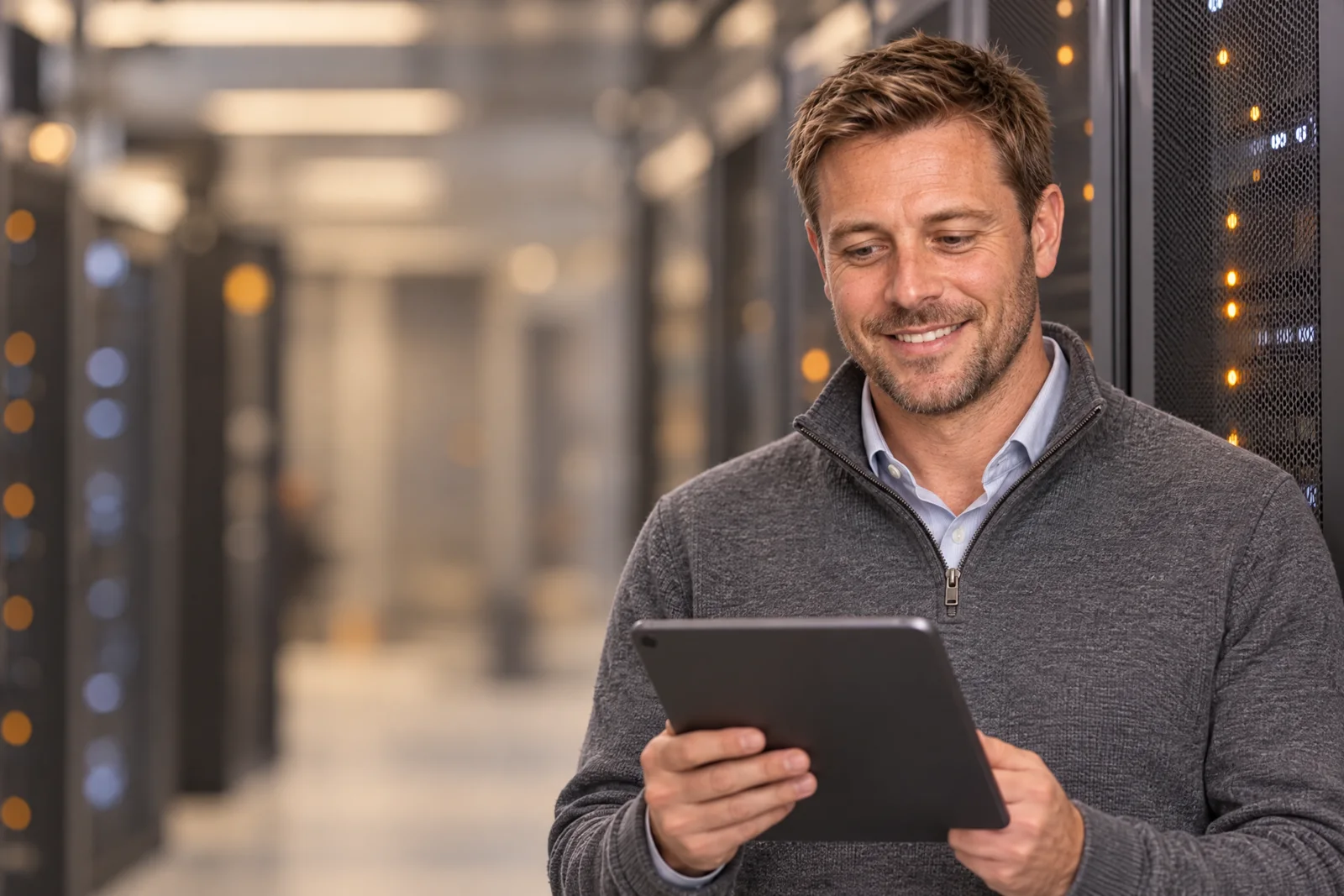 Tom Aldridge, a sales director, reading a tablet in a data centre aisle.