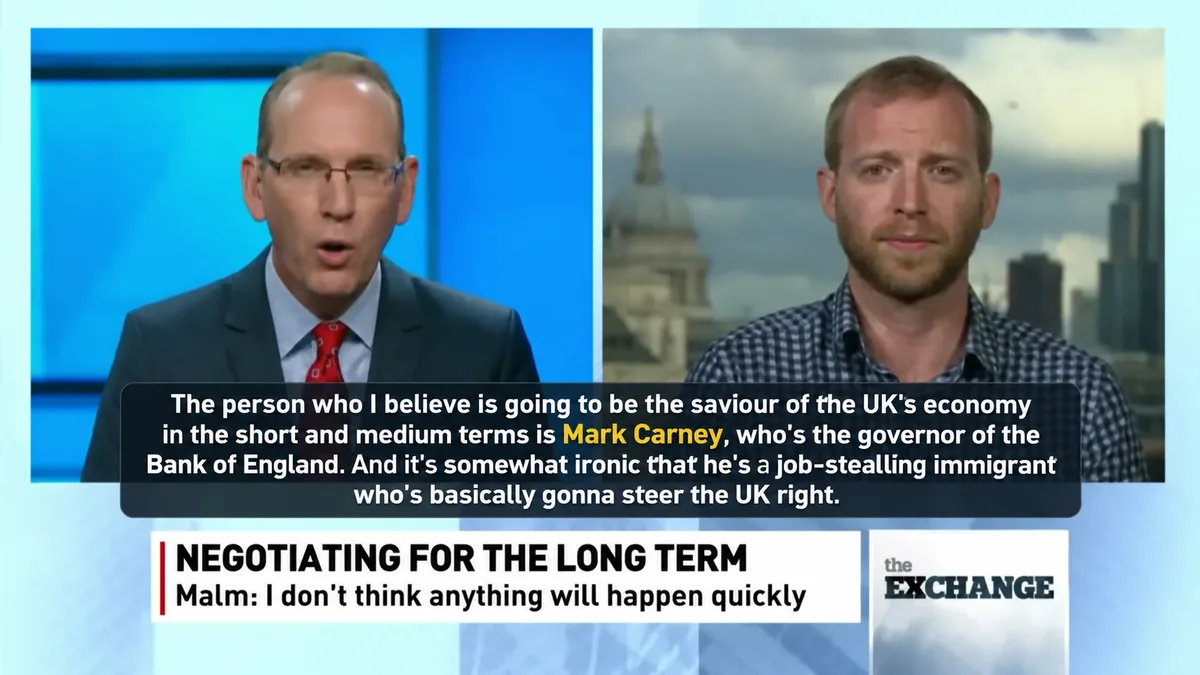 Parry Malm interviewed down the line from London on CBC Newsworld's The Exchange, in a split screen with the host, the chyron reading Negotiating for the long term.