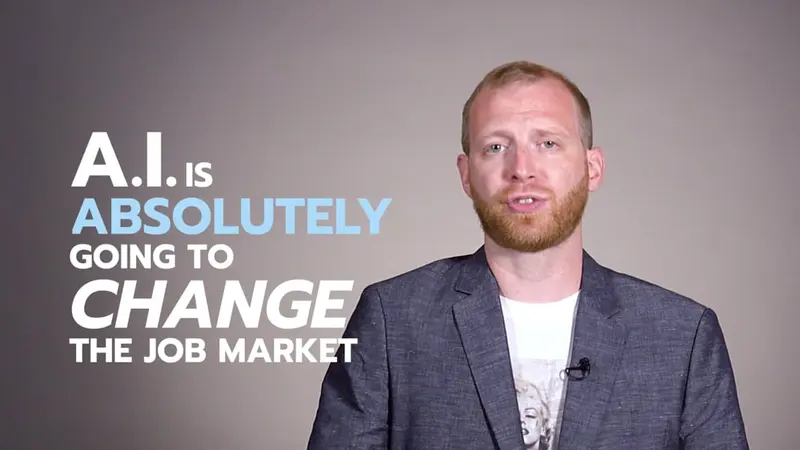 Parry Malm speaking to camera beside the words “A.I. is absolutely going to change the job market”.